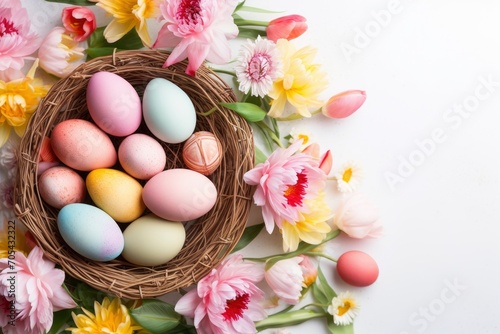 copy space background flat lay with pastel-colored Easter eggs, a basket filled with candy, fresh flowers, bunny figurines, and a light - generative ai