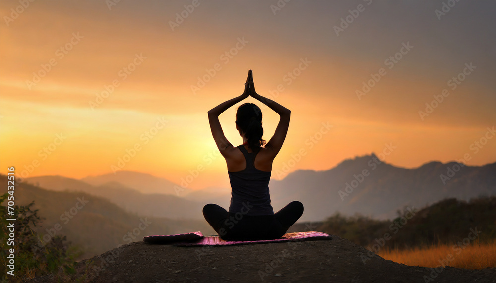 Silhouette of woman in yoga pose against sunset, representing tranquility and mindfulness in nature