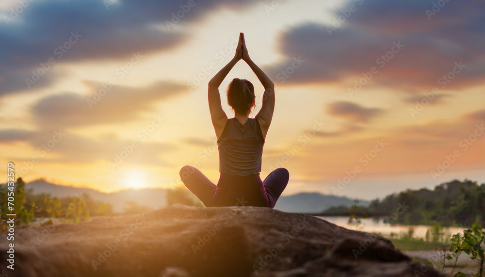 Silhouette of woman in yoga pose against sunset, representing tranquility and mindfulness in nature