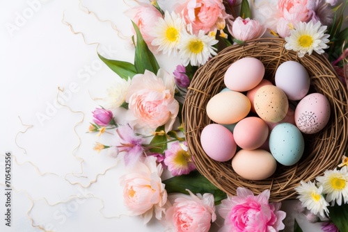 copy space background flat lay with pastel-colored Easter eggs  a basket filled with candy  fresh flowers  bunny figurines  and a light - generative ai