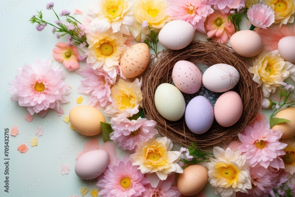 copy space background flat lay with pastel-colored Easter eggs, a basket filled with candy, fresh flowers, bunny figurines, and a light - generative ai copy space background flat lay with pastel-colored Easter eggs, a basket filled with candy, fresh flowers, bunny figurines, and a light - generative ai
