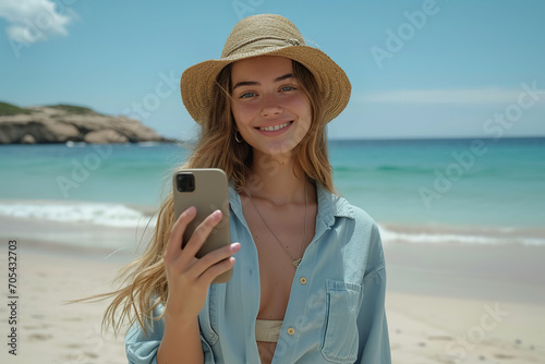 Beautiful young woman wearing hat taking selfie with smartphone on the beach. 