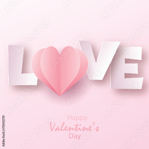 Valentine's day card with paper pink text. Vector