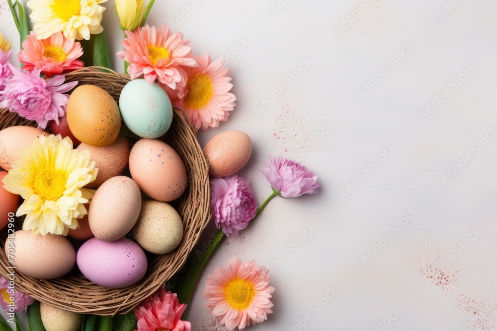 copy space background flat lay with pastel-colored Easter eggs, a basket filled with candy, fresh flowers, bunny figurines, and a light - generative ai
