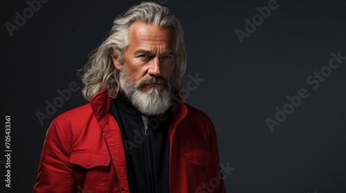 Portrait of mature man with grey long hair and beard in red jacket on dark background