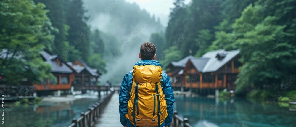 A man standing on a bridge, carrying a backpack... A man standing on a bridge, carrying a backpack...