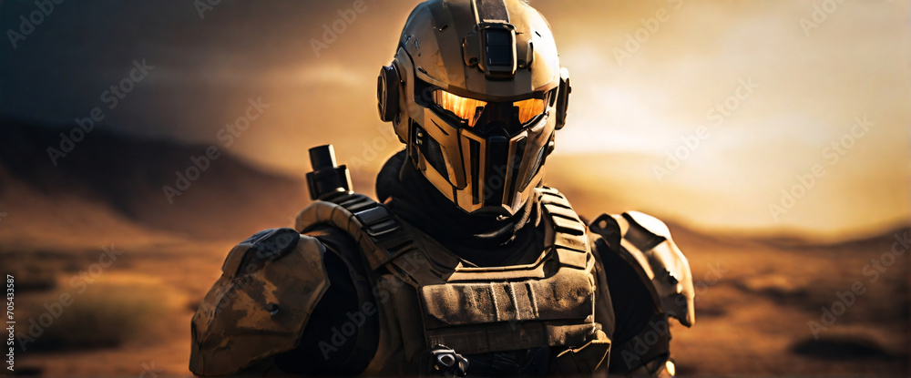 A cyborg soldier fighting in a warzone movie story seen trail cam footage, rear view, wide angle shot, a striking contrast against the soft, blurred background A cyborg soldier fighting in a warzone movie story seen trail cam footage, rear view, wide angle shot, a striking contrast against the soft, blurred background