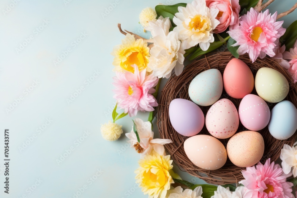 copy space background flat lay with pastel-colored Easter eggs, a basket filled with candy, fresh flowers, bunny figurines, and a light - generative ai copy space background flat lay with pastel-colored Easter eggs, a basket filled with candy, fresh flowers, bunny figurines, and a light - generative ai