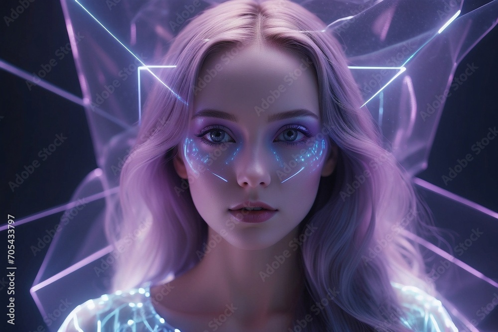 a woman with glowing eyes and purple hair