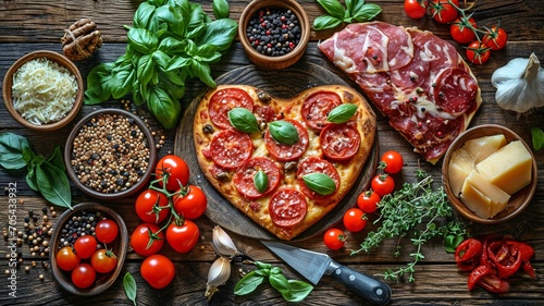 ingredients and a heart-shaped pizza on a chopping board...