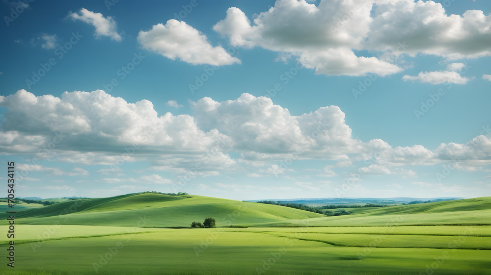 Fototapeta premium A landscape of beautiful green fields with clean blue sky