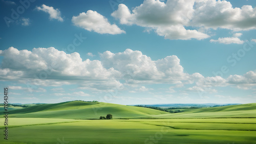 A landscape of beautiful green fields with clean blue sky