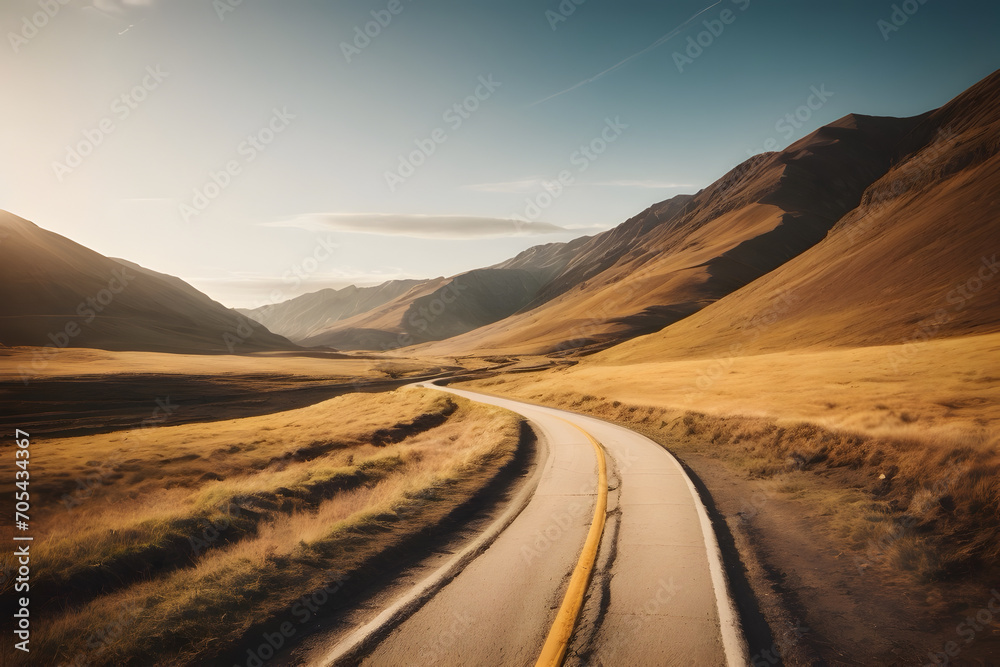 A country road with mountains and fields