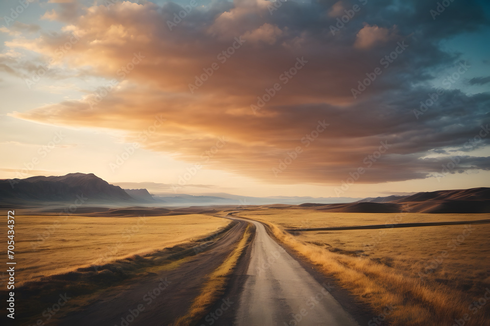 A country road with mountains and fields