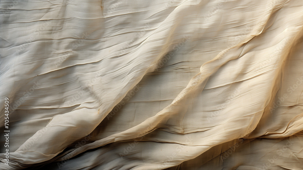 Gros plan d'un bout de voile de soie fin et précieux de couleur beige, texture de tissu, étoffes précieuses - obrazy, fototapety, plakaty 