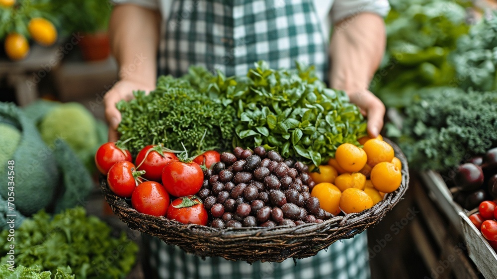 Fototapeta premium a youthful farmer carrying a basket full of fresh veggies. the ideas of biology, bioproducts, bioecology, homegrown food, vegetarianism, and healthful salads. ..