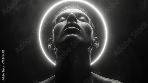 Portrait d'un homme en noir et blanc avec une auréole de lumière au-dessus de la tête faisant penser à un ange