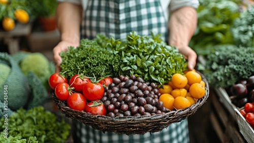 a youthful farmer carrying a basket full of fresh veggies. the ideas of biology  bioproducts  bioecology  homegrown food  vegetarianism  and healthful salads. ..