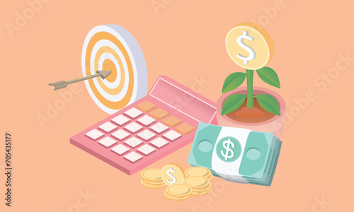 3D Calculator with target coins stacks growing investment with tree, interest ,fund, deposit, cost, profit, money savings.3d goal for business, bank, finance, investment, money illustrations.