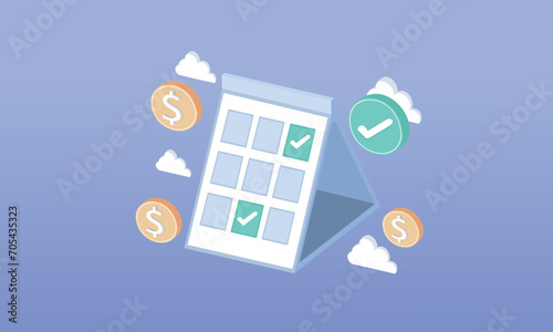 3D calendar with coins and check mark, transfer time completed to successful payment.3d goal for technology,online social media usage illustration.