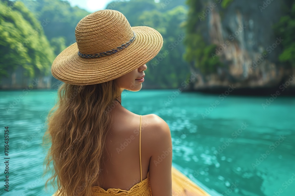 Serene Tropical Escape: Woman with Straw Hat Overlooking Crystal Blue Waters
