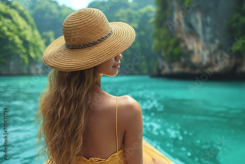 Serene Tropical Escape: Woman with Straw Hat Overlooking Crystal Blue Waters © Artbotics