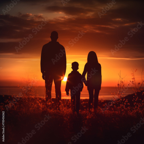 Sunset Fun. Happy Family and Sky Friends Silhouettes © Professional Art