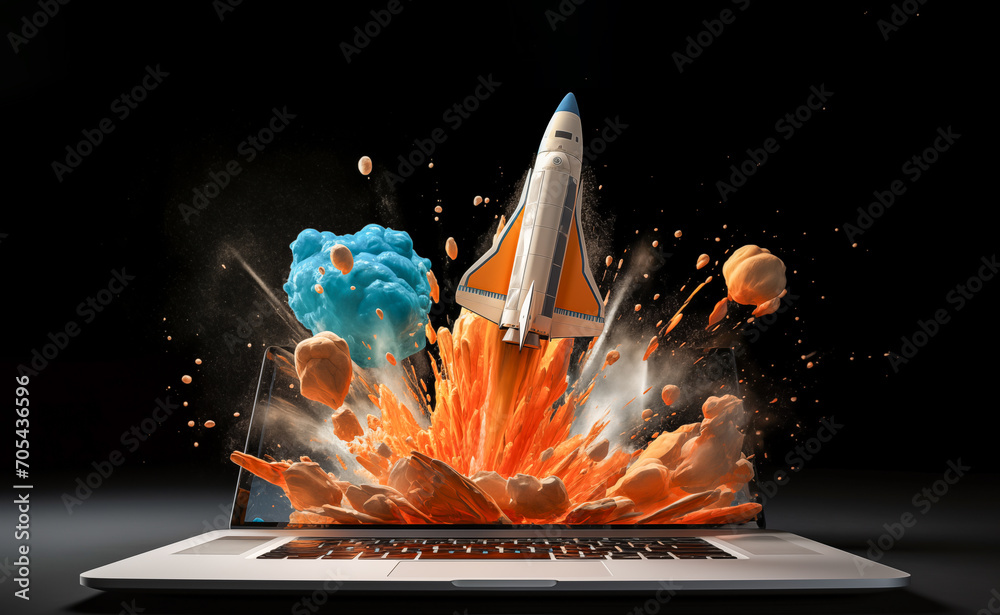 In a futuristic scene, a 3D clay model presents a dynamic space rocket launching from a digital, virtual reality depicted on a laptop screen—an innovative and captivating vision - obrazy, fototapety, plakaty 