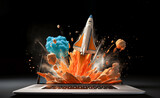 In a futuristic scene, a 3D clay model presents a dynamic space rocket launching from a digital, virtual reality depicted on a laptop screen—an innovative and captivating vision