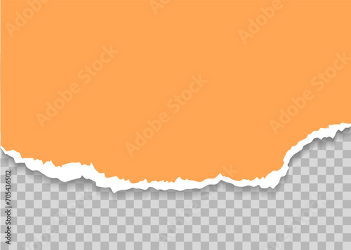Realistic torn paper scrap with ragged edges. Ripped template. Piece of horizontal orange paper with soft shadow