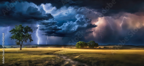 Dramatic storm clouds over scenic landscape with lightning and rain. AI Generated