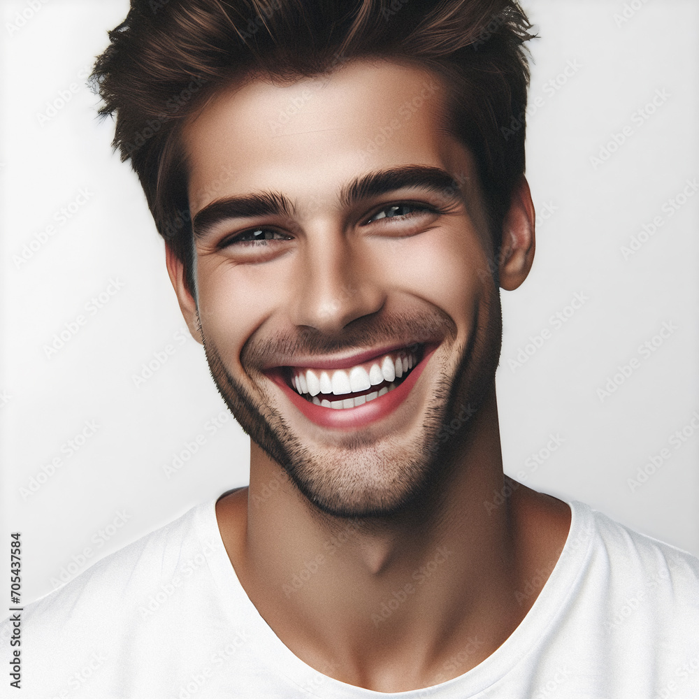 Portrait of a handsome young man smiling with shiny white teeth, wearing a white t-shirt, great for dental or toothpaste ads Portrait of a handsome young man smiling with shiny white teeth, wearing a white t-shirt, great for dental or toothpaste ads