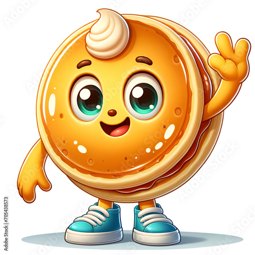 Cartoon cheerful pancake character with exciting eyes and friendly smile, waving hand, suitable for advertising and children's books.