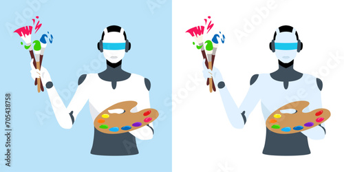 Vector illustration of a robot with a paintbrush and palette painting with artificial intelligence.
