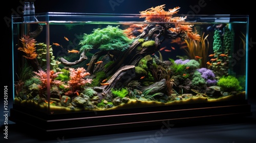 Freshwater jungle aquascape with neon fish, plants, Frodo stones, Redmoor roots, rotala, anubias, moss. photo