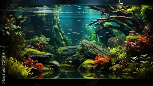 Freshwater jungle aquascape with neon fish, plants, Frodo stones, Redmoor roots, rotala, anubias, moss. photo