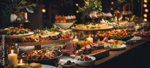 Gourmet buffet spread at elegant event. Catering and hospitality.