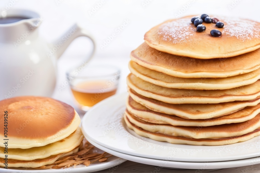 Plate of delicious pancakes with fresh blueberries