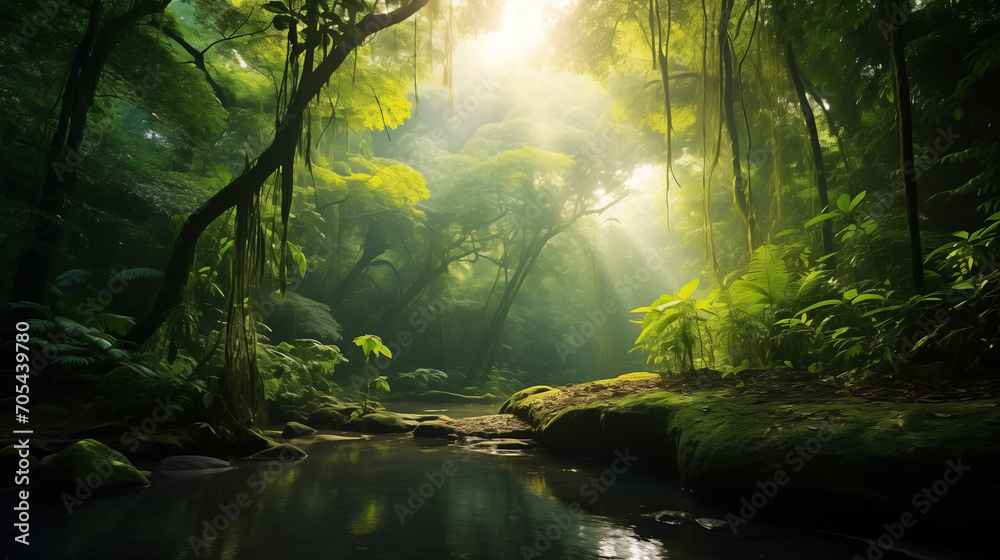 Dreamy tropical landscape with rainforest. Banner with greenery and copy space for your text. Bali style template for your design, exotic photo with green palm leaves and atmospheric sunlight rays.  - obrazy, fototapety, plakaty 