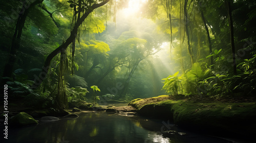 Dreamy tropical landscape with rainforest. Banner with greenery and copy space for your text. Bali style template for your design, exotic photo with green palm leaves and atmospheric sunlight rays.  © pijav4uk