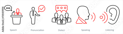 A set of 5 Language icons as speech, pronounciation, dialect