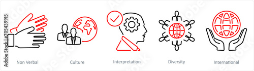 A set of 5 Language icons as non verbal, culture, interpretation