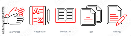 A set of 5 Language icons as non verbal, vocabulary, dictionary © popcornarts
