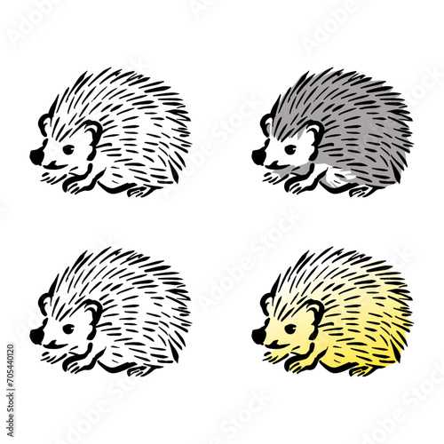 ハリネズミの和風ベクターイラストセット（線画、影付き、白黒、グラデーション）。