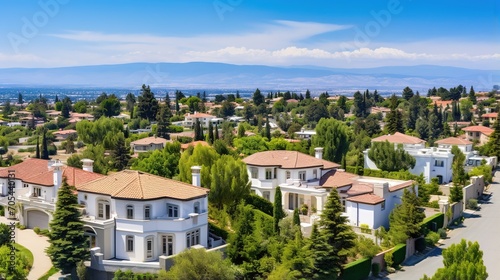 A collection of large white houses with red tile roofs in a wealthy neighborhood, photo