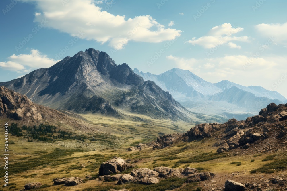 A breathtaking view of a peaceful mountain range, with lush grass and rugged rocks in the foreground., A rugged mountain range under a clear sky, AI Generated