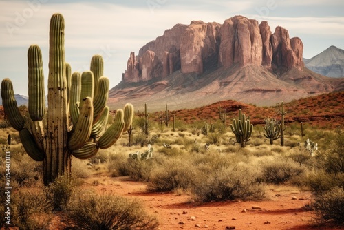 A scenic view of a desert with a cactus in the foreground and mountains in the background., A rugged Western landscape with red rock formations and cacti, AI Generated photo