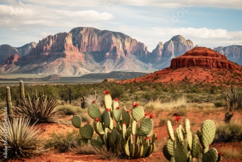 A stunning desert landscape with majestic mountains towering in the distance., A rugged Western landscape with red rock formations and cacti, AI Generated