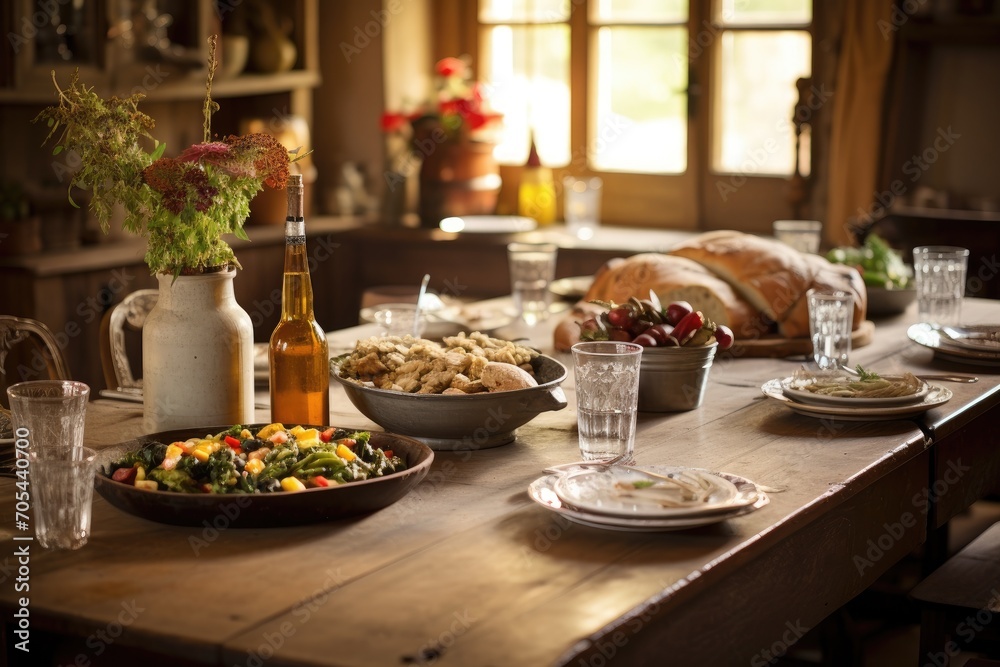 Fototapeta premium A wooden table is filled with a variety of delicious plates and bowls of food., A rustic farmhouse kitchen table loaded with a homemade feast, AI Generated