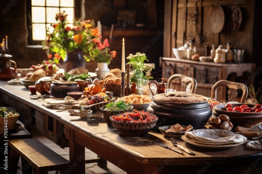A table filled with a tempting variety of scrumptious dishes, perfect for a feast., A rustic farmhouse kitchen table loaded with a homemade feast, AI Generated A table filled with a tempting variety of scrumptious dishes, perfect for a feast., A rustic farmhouse kitchen table loaded with a homemade feast, AI Generated